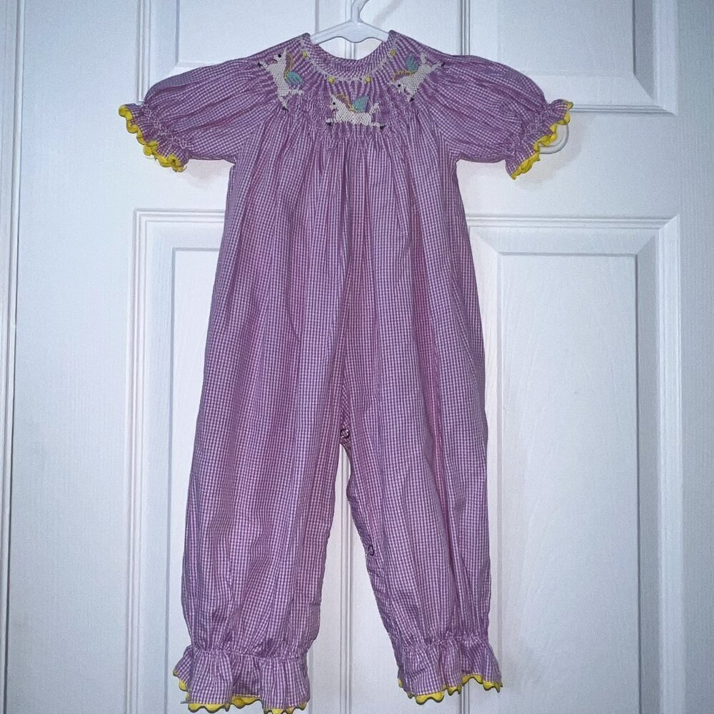 Remember Nguyen Smocked Purple/White Gingham Unicorn Romper Size 9M